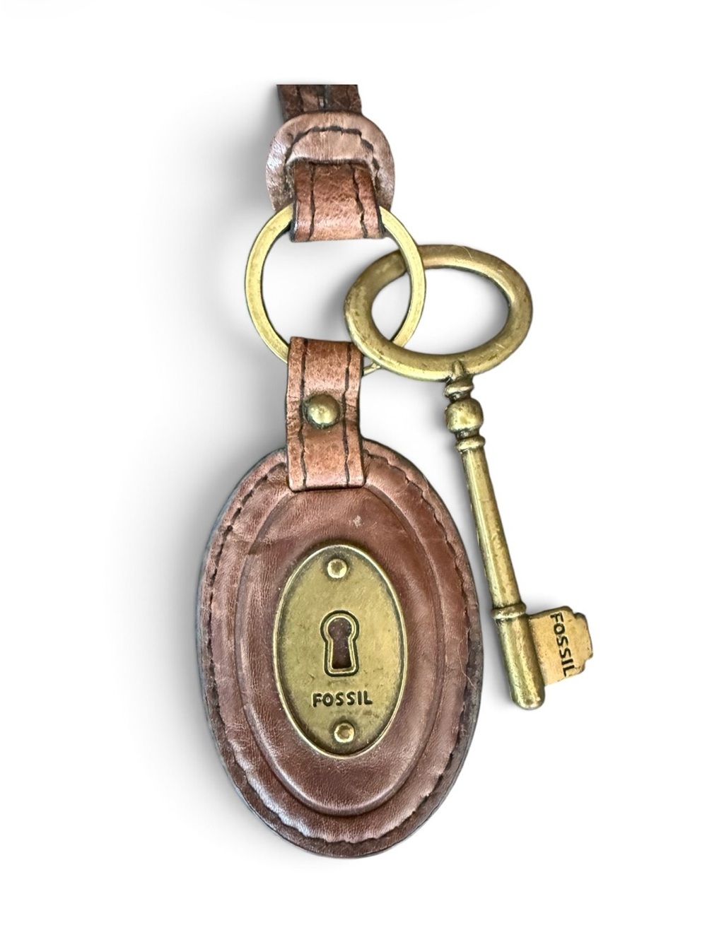 Fossil Brown Leather Purse Tag with Brass Key Charm